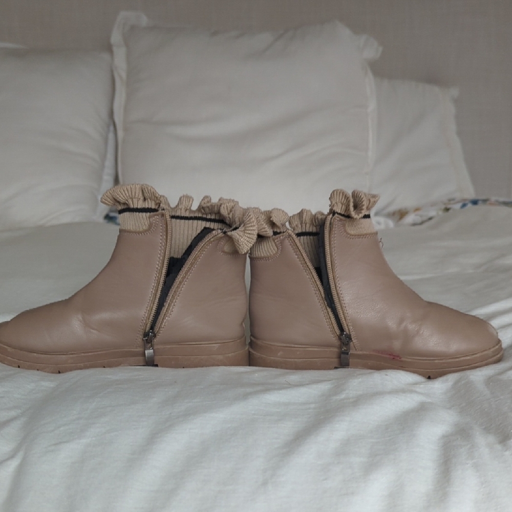 Tan Ruffle Ankle Boots - Picture 2 of 4